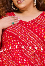 Plus Size Red Bandhani Angrakha Rayon Midi Dress