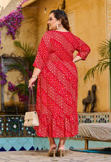 Plus Size Red Bandhani Angrakha Rayon Midi Dress