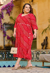 Plus Size Red Bandhani Angrakha Rayon Midi Dress