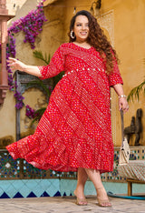 Plus Size Red Bandhani Angrakha Rayon Midi Dress