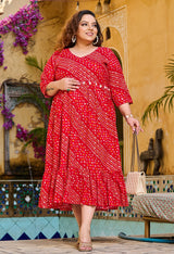 Plus Size Red Bandhani Angrakha Rayon Midi Dress