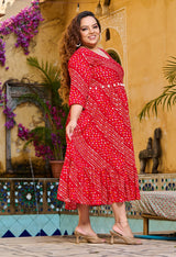 Plus Size Red Bandhani Angrakha Rayon Midi Dress