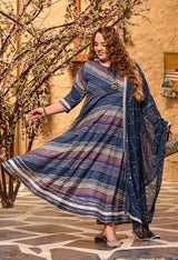Plus Size Gloomy Blue Leheriya Anarkali with Dupatta