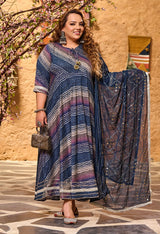 Plus Size Gloomy Blue Leheriya Anarkali with Dupatta