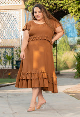 Plus Size Spicy Mustard Rayon Frill Dress