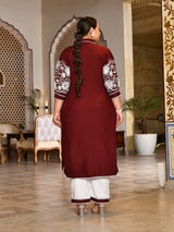 Rust Bloom Embroidered Rayon Kurta Set for Women