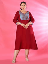 Plus Size Maroon Mirror Embroidered A line Dress