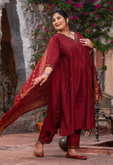 Plus Size Magnetic Maroon Cotton Silk Anarkali with Dupatta