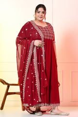 Plus Size Maroon Cold Shoulder Georgette Anarkali with Dupatta