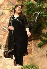 Plus Size Mirror Black Alia Kurta Set with Scalping Dupatta