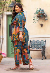 Plus Size Teal Abstract Pure Chinon Co-ord Set