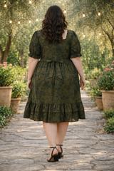 Plus Size Olive Green Tye Dye Prism Puff Sleeve Dress
