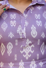 Plus Size Lavender Ikkat Gathered Pants Linen Kurta Set