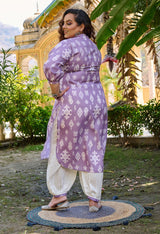 Plus Size Lavender Ikkat Gathered Pants Linen Kurta Set