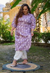 Plus Size Lavender Ikkat Gathered Pants Linen Kurta Set