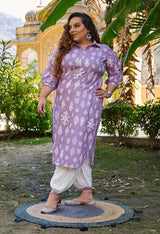 Plus Size Lavender Ikkat Gathered Pants Linen Kurta Set