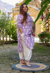 Plus Size Lavender Ikkat Gathered Pants Linen Kurta Set