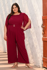 Plus Size Wine Georgette Jumpsuit – Belted Wide-Leg One Piece with Cape Sleeves