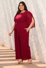 Plus Size Wine Georgette Jumpsuit – Belted Wide-Leg One Piece with Cape Sleeves
