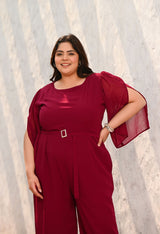 Plus Size Wine Georgette Jumpsuit – Belted Wide-Leg One Piece with Cape Sleeves