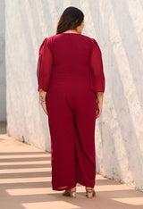 Plus Size Wine Georgette Jumpsuit – Belted Wide-Leg One Piece with Cape Sleeves