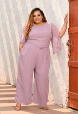 Plus Size Lilac Georgette Jumpsuit – Belted Wide-Leg One Piece with Cape Sleeves