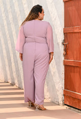 Plus Size Lilac Georgette Jumpsuit – Belted Wide-Leg One Piece with Cape Sleeves