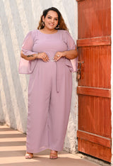 Plus Size Lilac Georgette Jumpsuit – Belted Wide-Leg One Piece with Cape Sleeves
