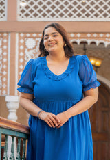 Plus Size Azure Ruffle Puff-Sleeve Dress