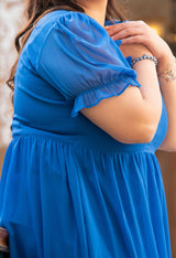 Plus Size Azure Ruffle Puff-Sleeve Dress