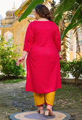 Plus Size Bright Rani Self Rayon Kurta Set with Mustard Palazzo