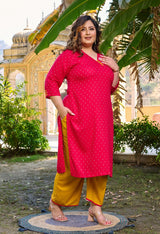 Plus Size Bright Rani Self Rayon Kurta Set with Mustard Palazzo