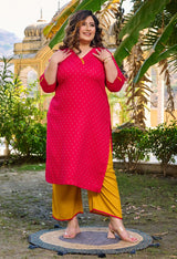 Plus Size Bright Rani Self Rayon Kurta Set with Mustard Palazzo
