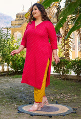 Plus Size Bright Rani Self Rayon Kurta Set with Mustard Palazzo