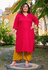 Plus Size Bright Rani Self Rayon Kurta Set with Mustard Palazzo