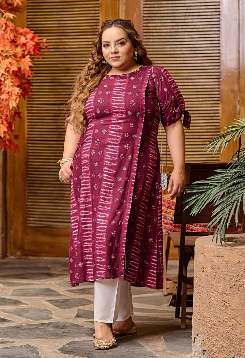 Plus Size Spicy Wine Rayon Kurta Pant Set