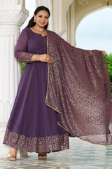 Plus Size Elegant Lavender Anarkali Ensemble with Gold Foil Accents