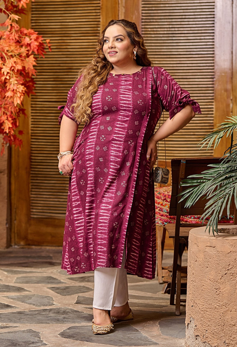 Plus Size Spicy Wine Rayon Kurta Pant Set