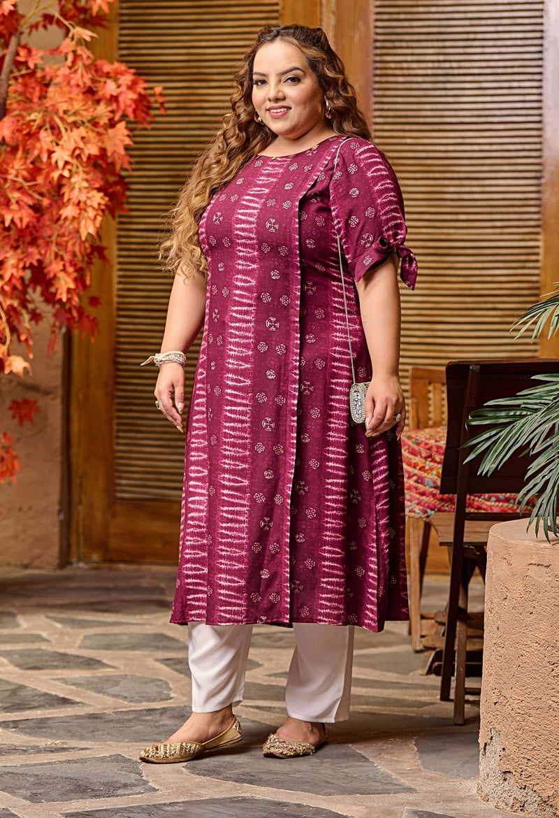 Plus Size Spicy Wine Rayon Kurta Pant Set