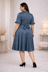 Plus Size Blue A-Line Dress with Bow Neck & Ruffle Sleeves