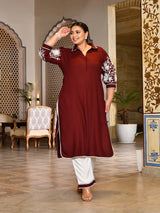 Rust Bloom Embroidered Rayon Kurta Set for Women