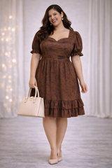 Plus Size Brown Tye Dye Prism Puff Sleeve Dress