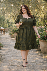 Plus Size Olive Green Tye Dye Prism Puff Sleeve Dress
