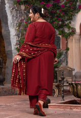 Plus Size Magnetic Maroon Cotton Silk Anarkali with Dupatta