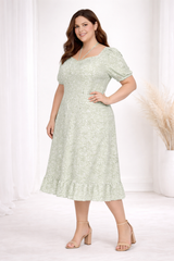 Plus Size Green Floral Midi Dress with Sweetheart Neck & Ruffle Hem