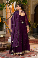 Plus Size Plum Royale Georgette Anarkali with Mukaish Work & Dupatta