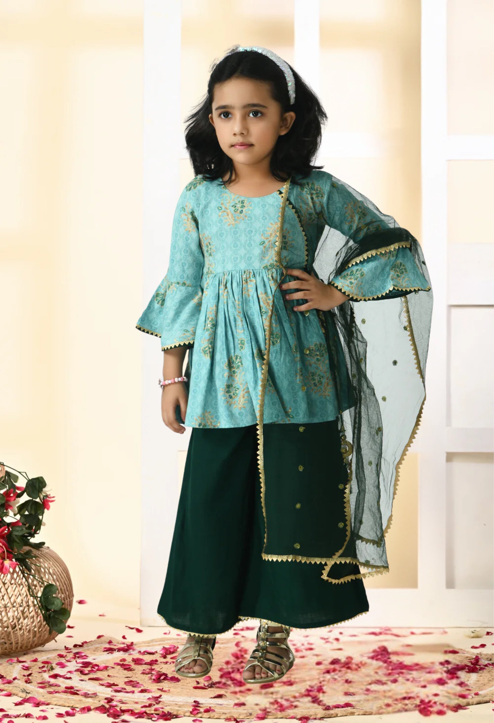 Girls Maroon Embroidered Kurti With Palazzos