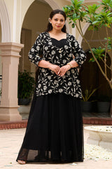 Plus Size Regal Charm Black & Ivory Embroidered Cape Anarkali