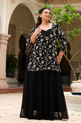 Plus Size Regal Charm Black & Ivory Embroidered Cape Anarkali