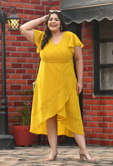 Plus Size Yellow Georgette Wrap Dress